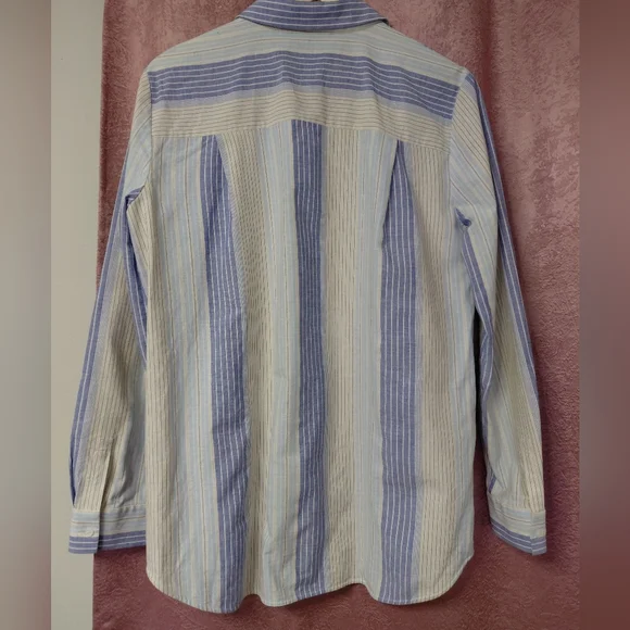 Women's Lafayette 148 NY Blue Ivory Striped Button-Down Shirt Linen Cotton - Picture 5 of 7